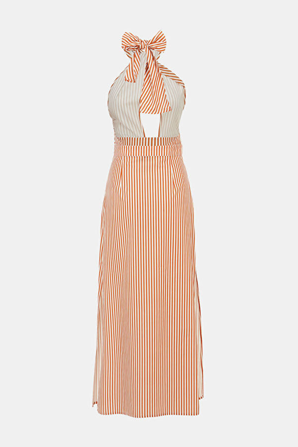 Orange Striped Midi Women's Dress 2