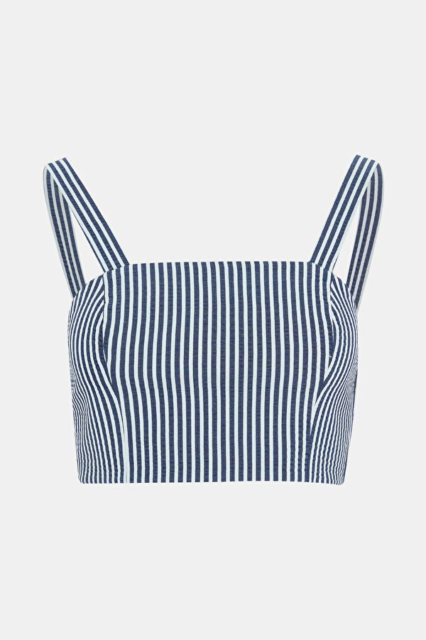Navy Blue Striped Patterned Square Blouse