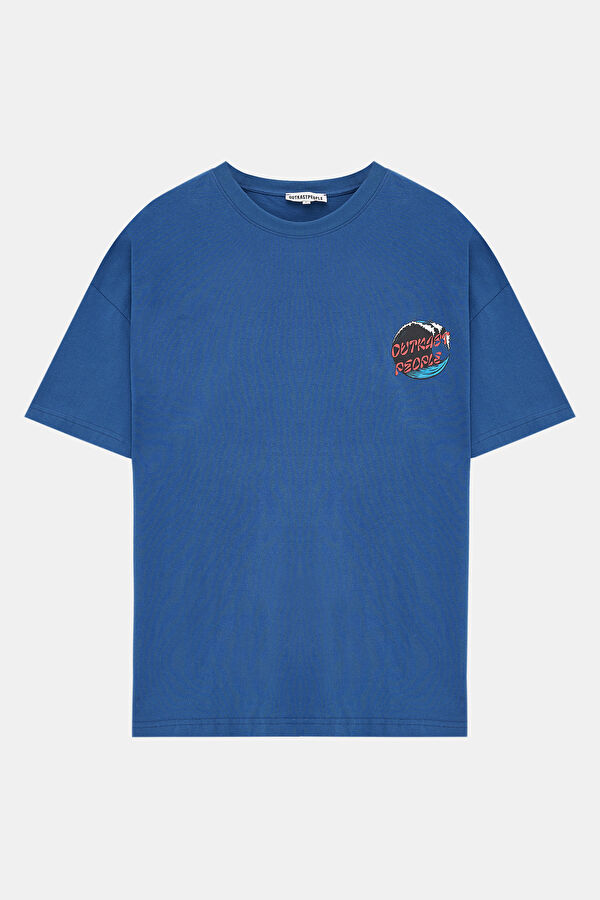 Oversize Mavi Bisiklet Yaka T-Shirt