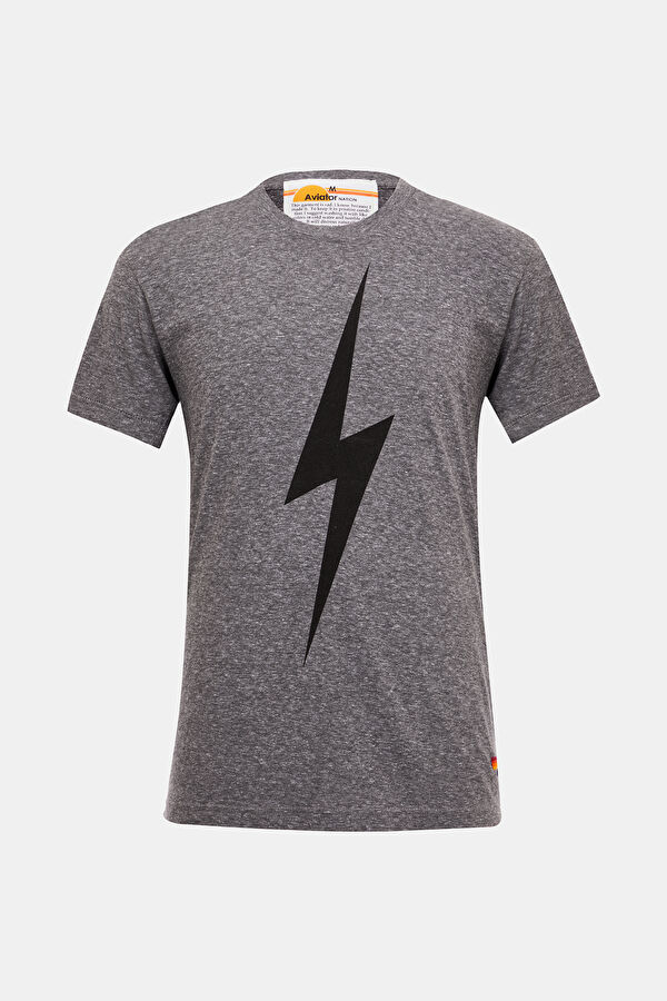 Gri Bisiklet Yaka Baskılı T-Shirt