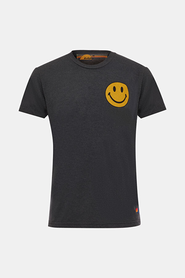 Koyu Gri Bisiklet Yaka Baskılı T-Shirt