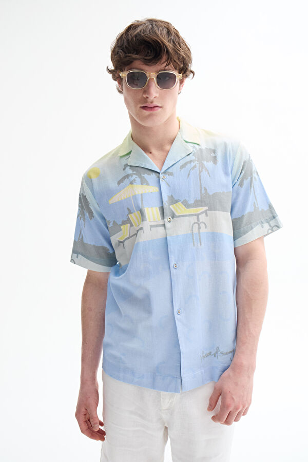 Oversize Blue Patterned Retro Linen Cotton Men's Shirt