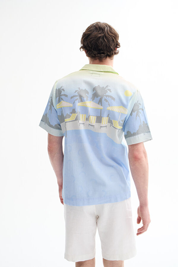 Oversize Blue Patterned Retro Linen Cotton Men's Shirt 2