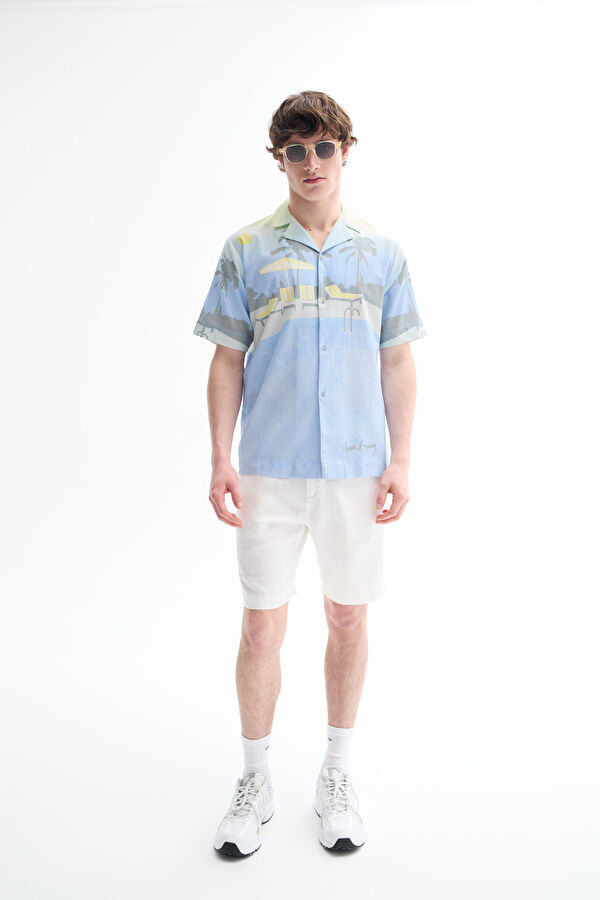Oversize Blue Patterned Retro Linen Cotton Men's Shirt 3
