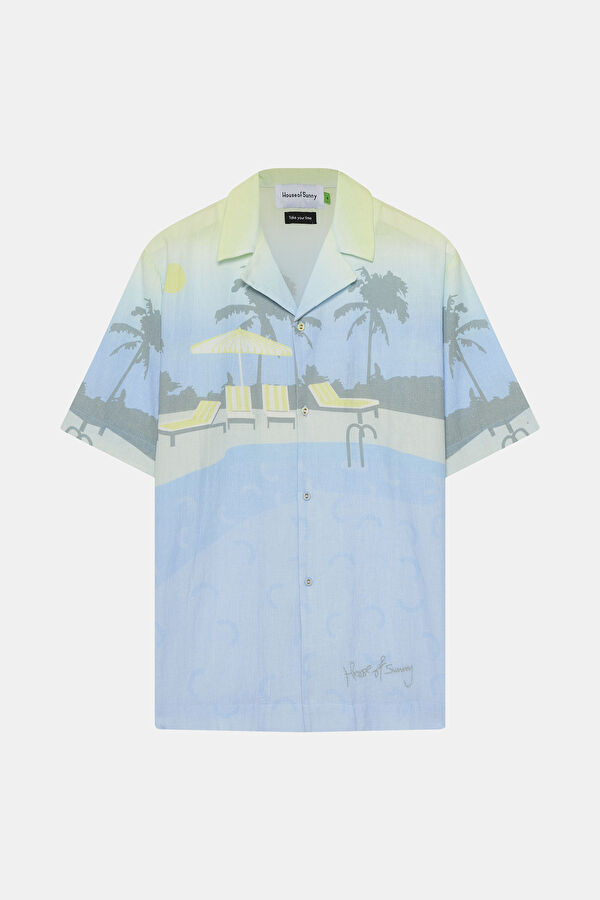 Oversize Blue Patterned Retro Linen Cotton Men's Shirt 4