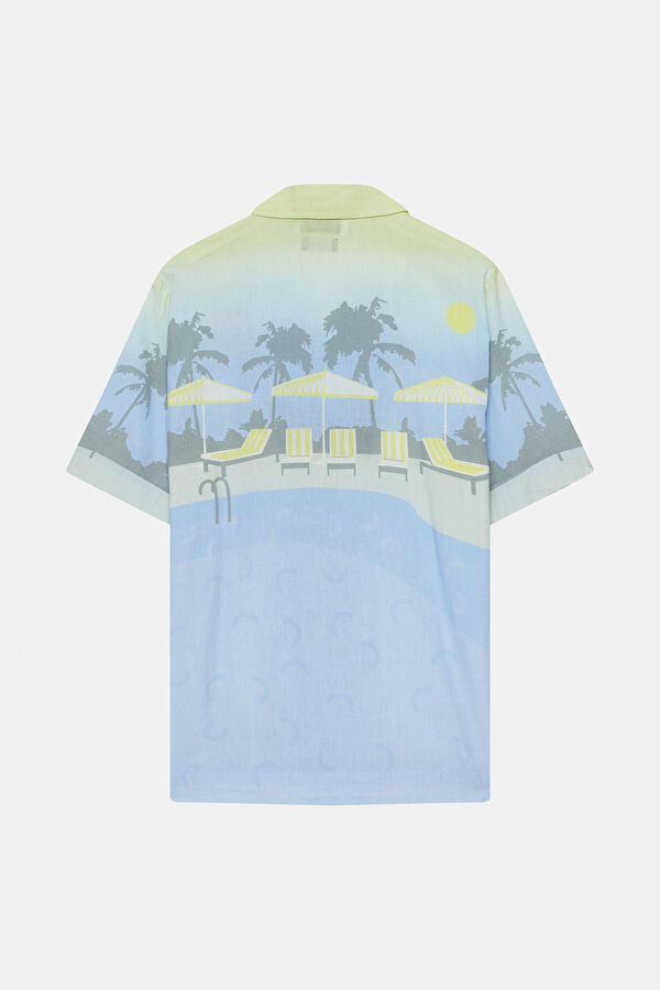 Oversize Blue Patterned Retro Linen Cotton Men's Shirt 5