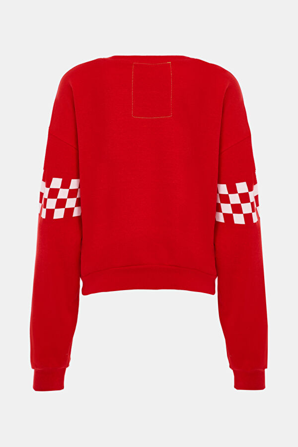 Relax Fit Red Design Filled Bicycle Collar Sweatshirt 2