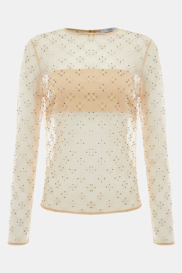 Beige Patterned Long-Sleeved Women's Blouse