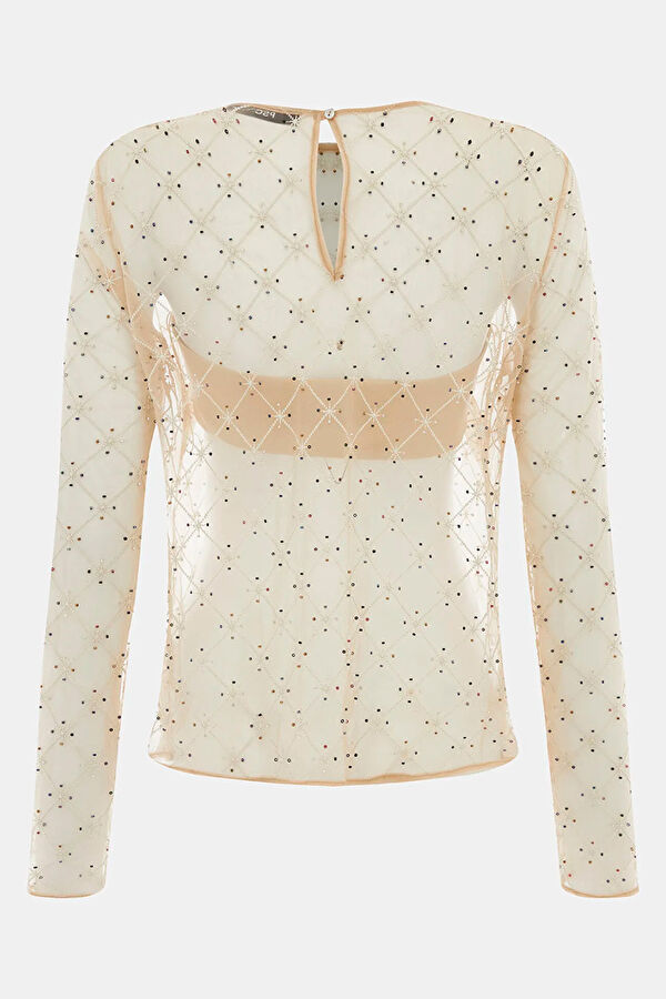 Beige Patterned Long-Sleeved Women's Blouse 2