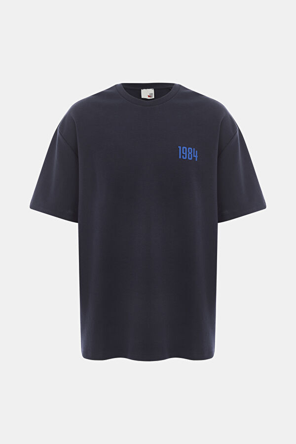 Lacivert Bisiklet Yaka Baskılı T-Shirt