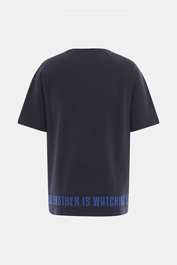 Lacivert Bisiklet Yaka Baskılı T-Shirt 2