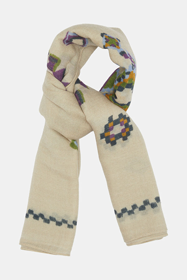 Square Ikat Woman Woven Scarf, Beige, Multicolor, Multicolor, STD