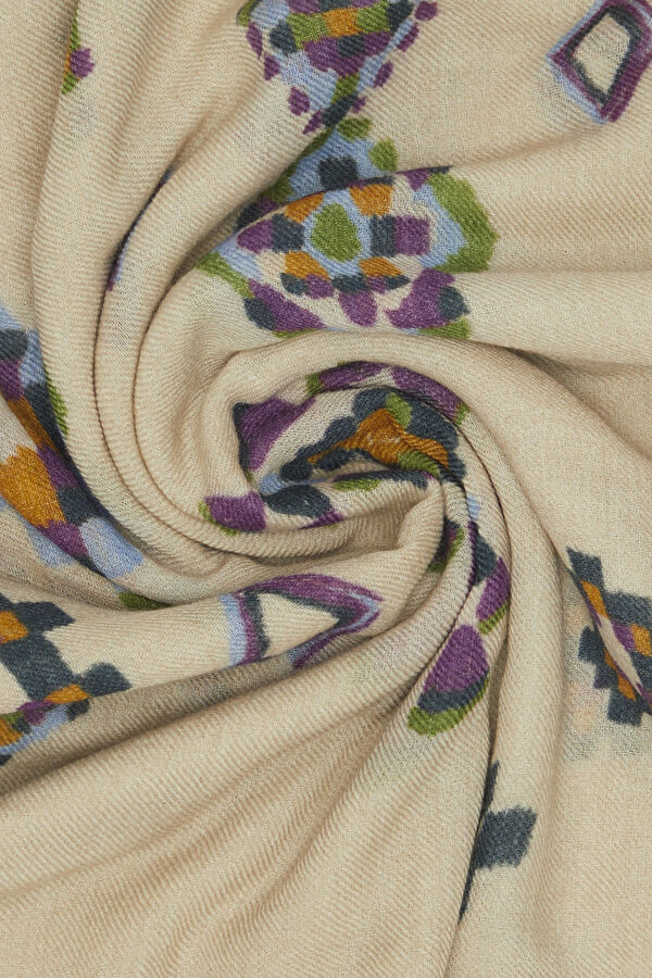 Square Ikat Woman Woven Scarf, Beige, Multicolor, Multicolor, STD 2