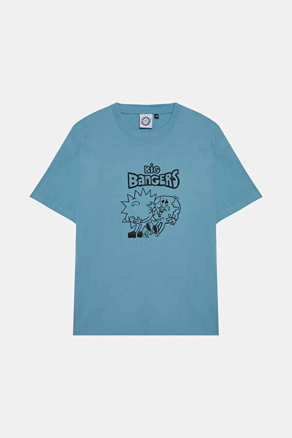 Relax Kalıp Mavi Bisiklet Yaka Baskılı Erkek T-Shirt