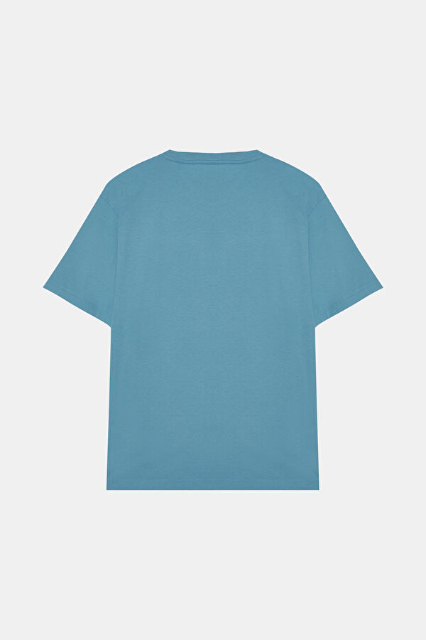 Relax Kalıp Mavi Bisiklet Yaka Baskılı Erkek T-Shirt 2