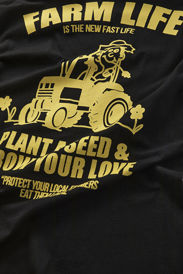 Relax Kalıp Siyah Bisiklet Yaka Baskılı Erkek T-Shirt 6