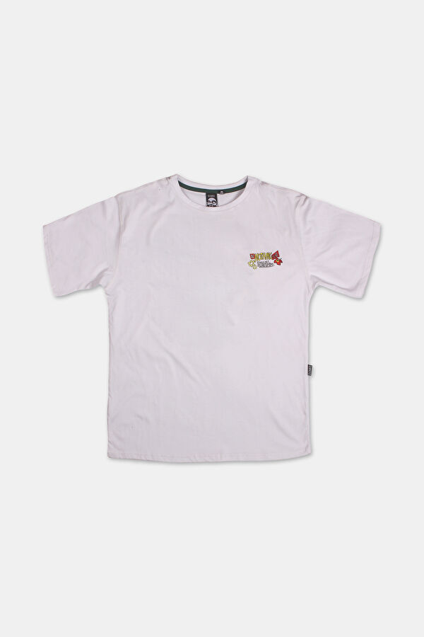 Relax Kalıp Beyaz Bisiklet Yaka Baskılı T-Shirt