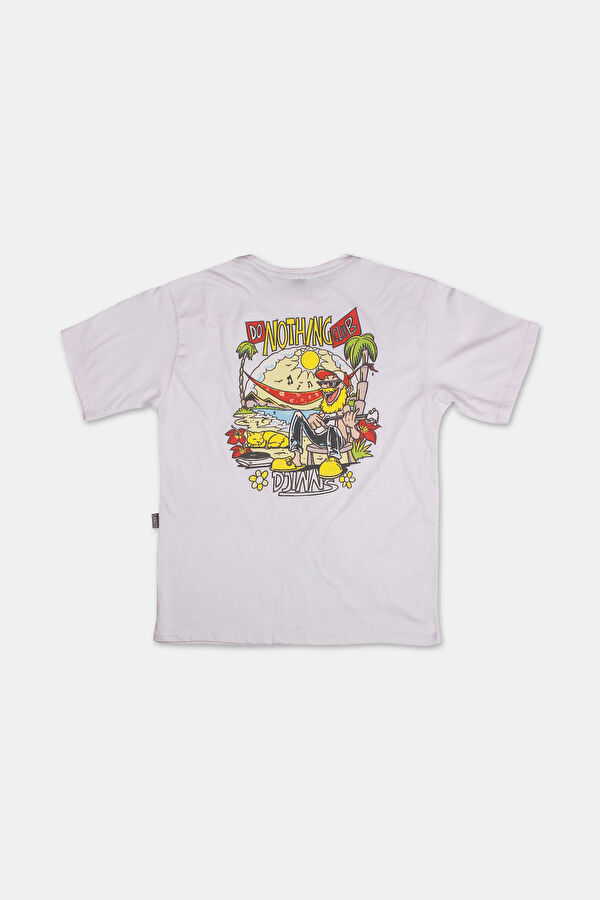 Relax Kalıp Beyaz Bisiklet Yaka Baskılı T-Shirt 2
