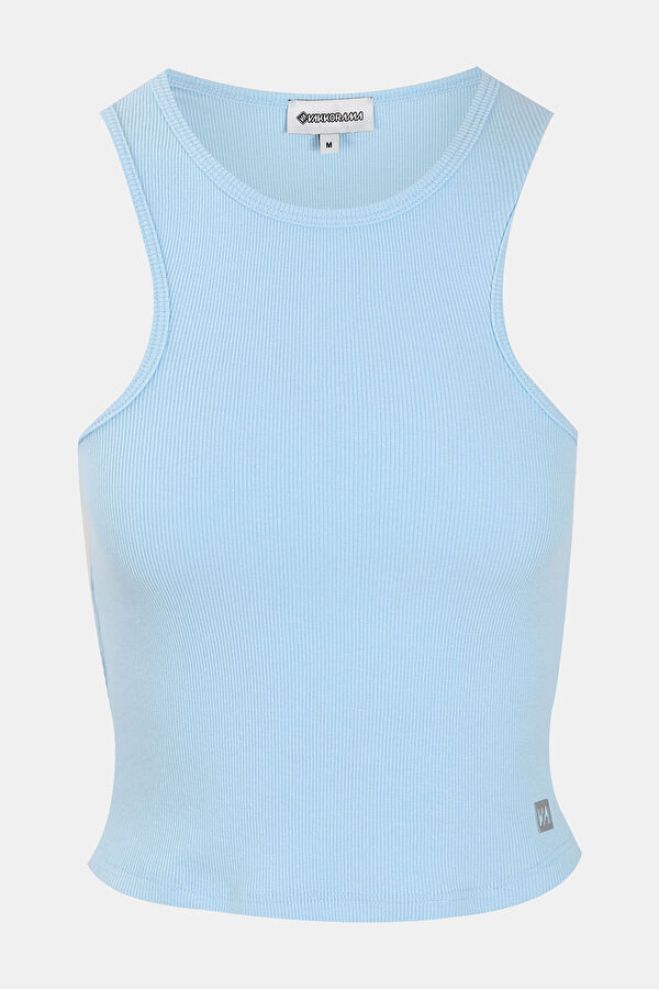 Dar Kalıp Mavi Halter Yaka Kadın T-Shirt