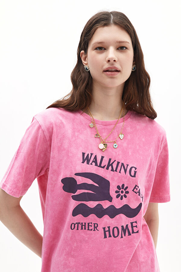Pembe Bisiklet Yaka Baskılı T-Shirt 2