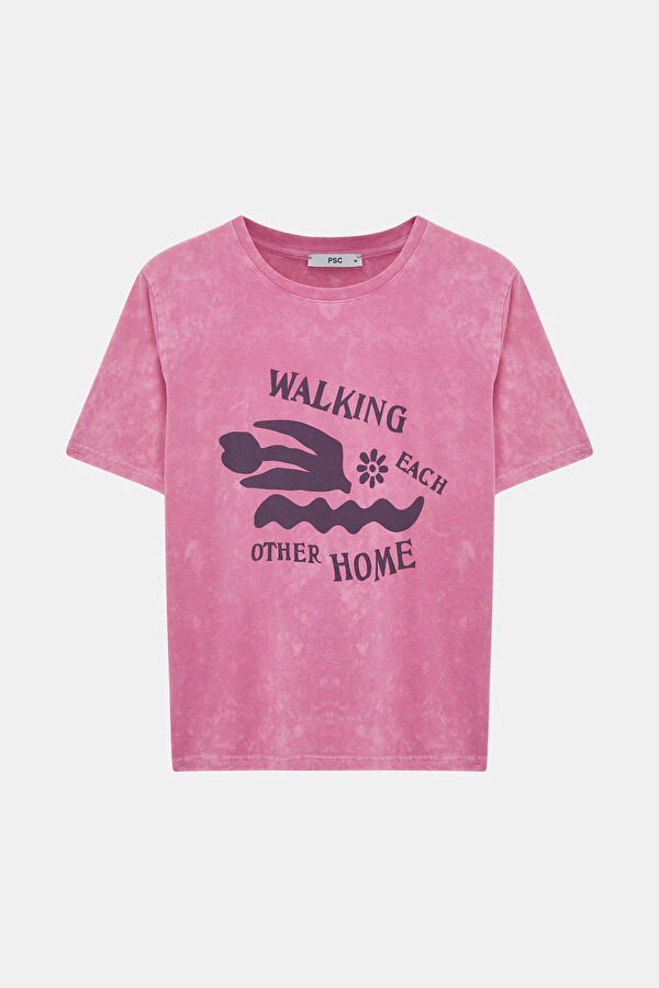 Pembe Bisiklet Yaka Baskılı T-Shirt 4