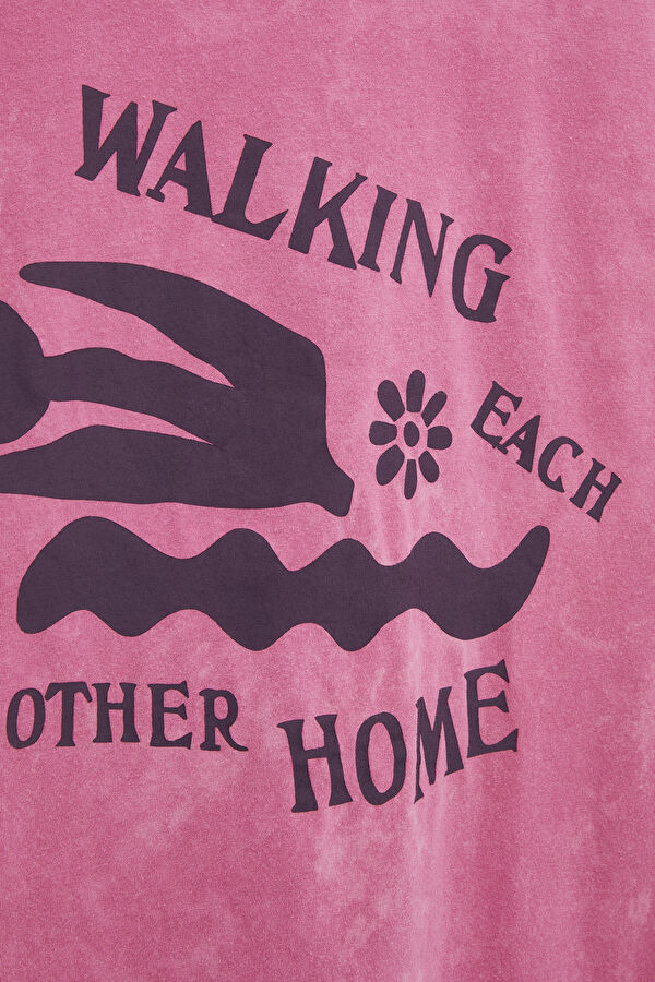 Pembe Bisiklet Yaka Baskılı T-Shirt 6