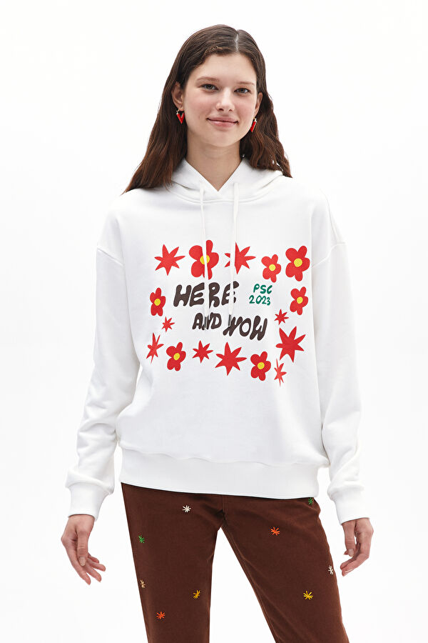 Beyaz Kapuşonlu Kadın Sweatshirt