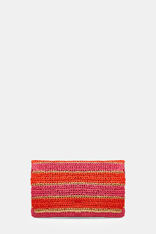 Pembe Çizgili Desenli Rafya Çanta