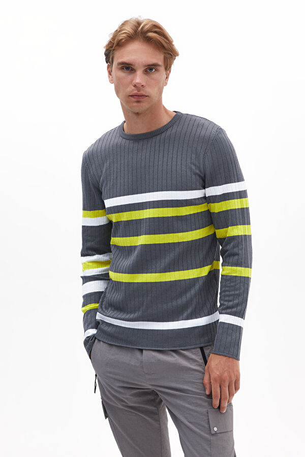 Grey Striped Knit Men's Sweater