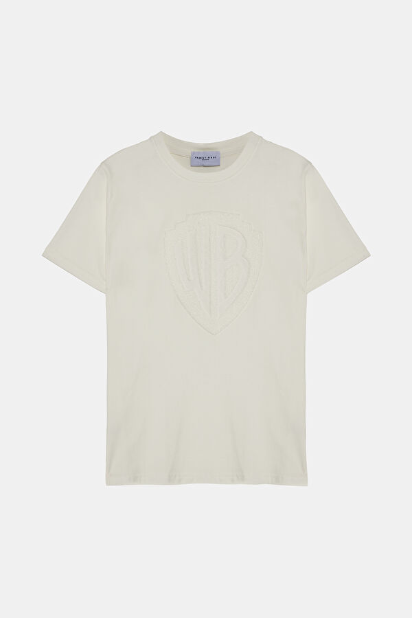 Beyaz Bisiklet Yaka Baskılı T-Shirt