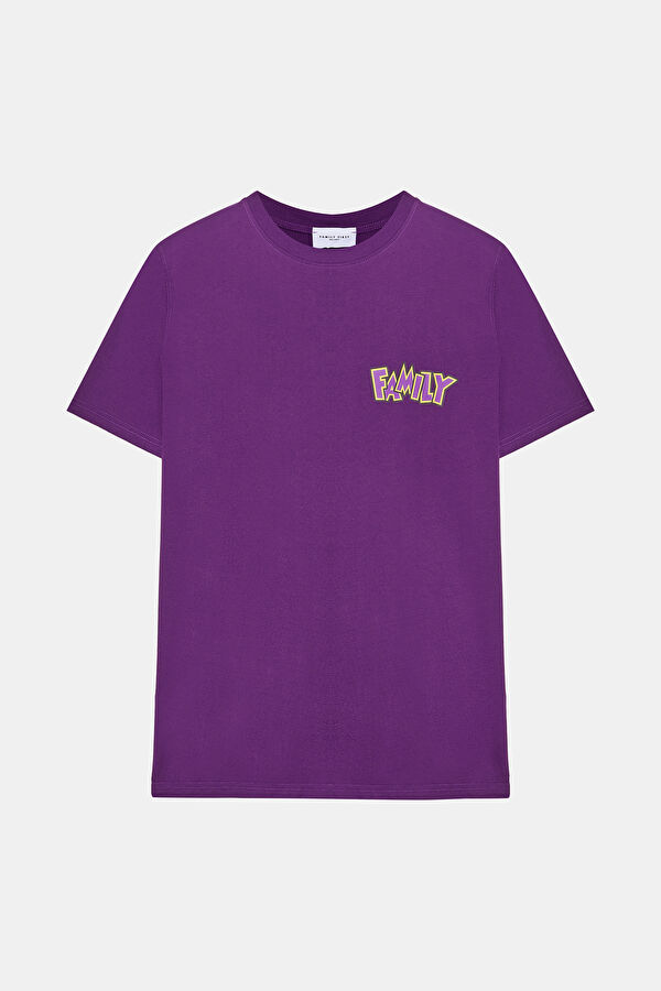 Mor Bisiklet Yaka Baskılı Erkek T-Shirt
