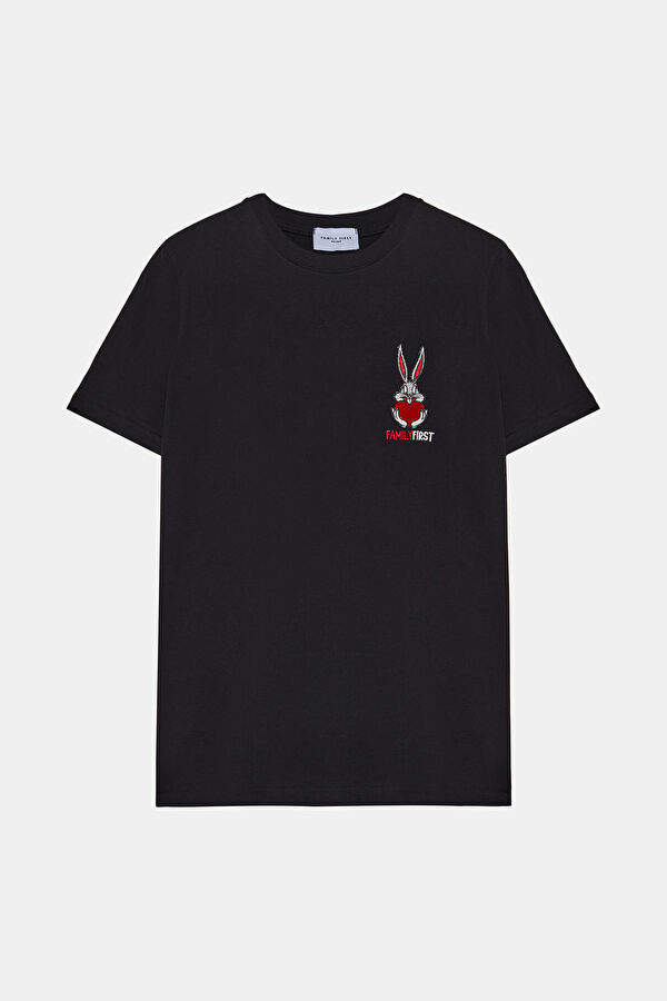 Siyah Bisiklet Yaka Baskılı Erkek T-Shirt