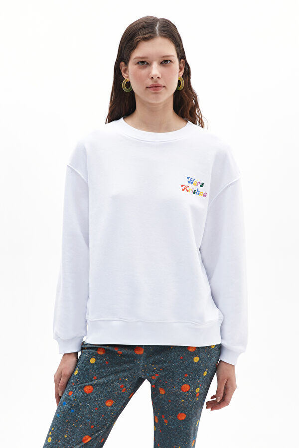 Beyaz Bisiklet Yaka Sweatshirt