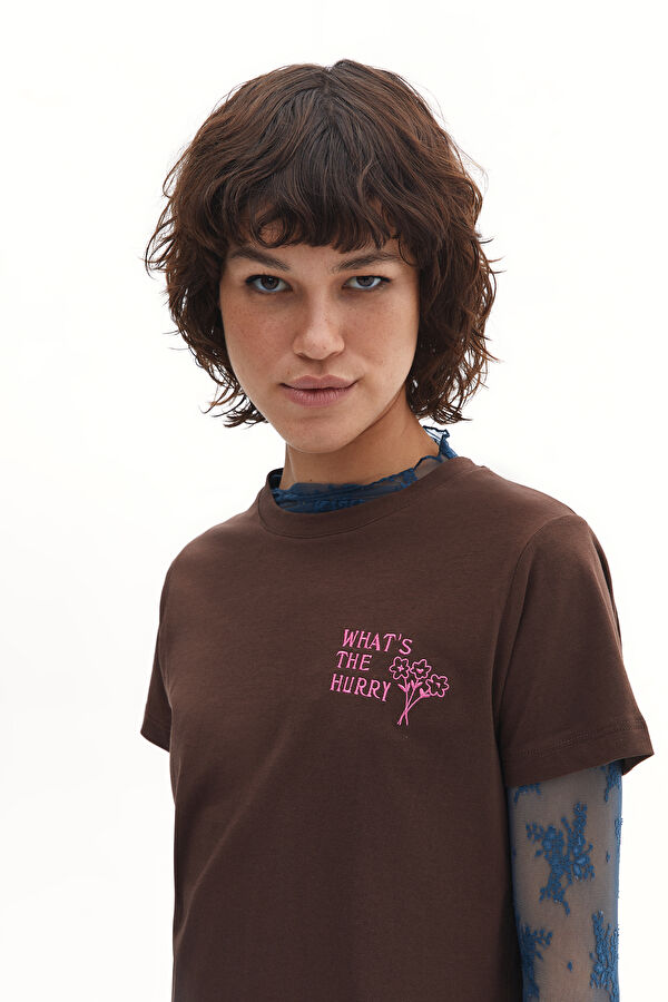 Kahve Bisiklet Yaka Desenli T-Shirt 2