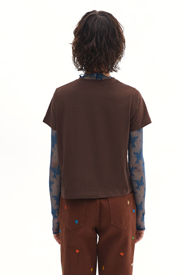 Kahve Bisiklet Yaka Desenli T-Shirt 3