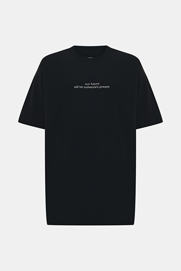 Oversize Siyah Bisiklet Yaka Baskılı T-Shirt