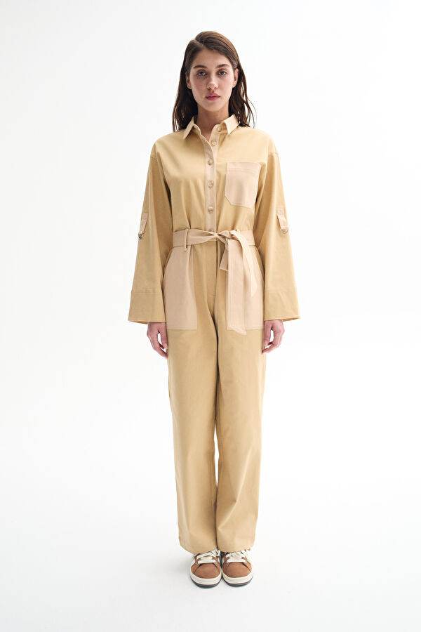 Relax Fit Beige Design Filled Jumpsuit