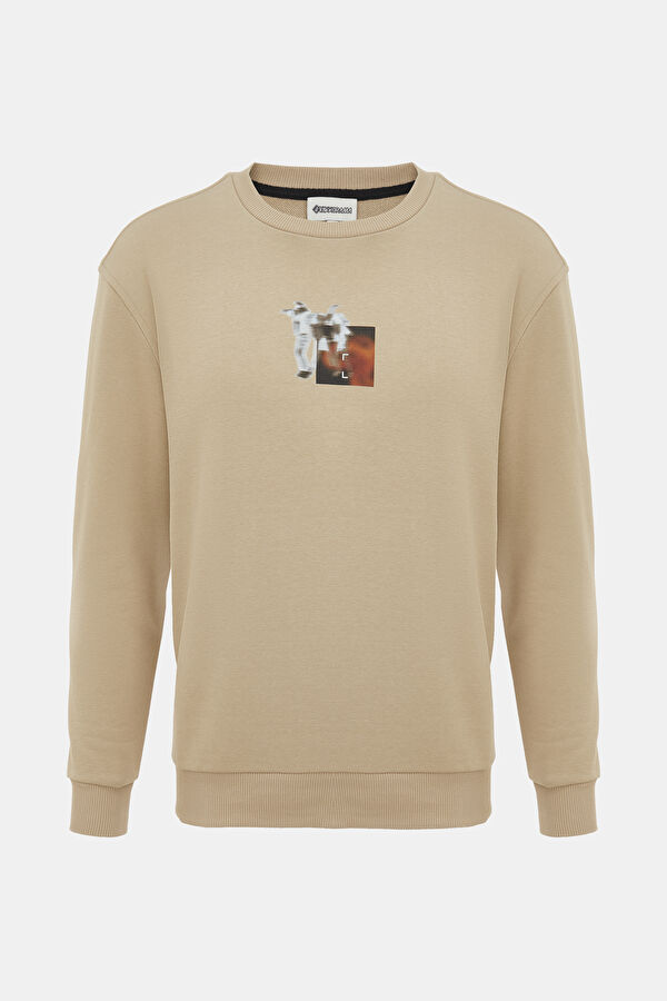 Bej Bisiklet Yaka Erkek Sweatshirt