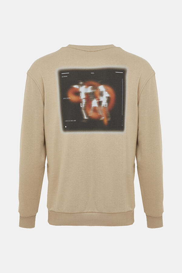 Bej Bisiklet Yaka Erkek Sweatshirt 2