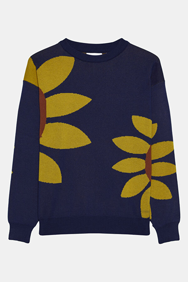 Navy Blue Floral Pattern Women's Sweater
