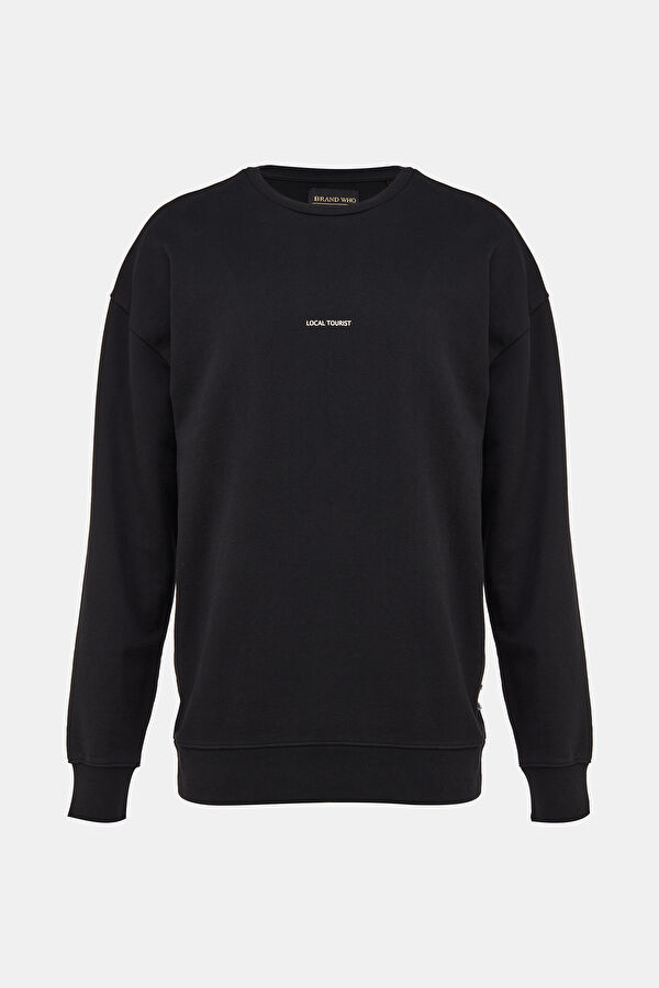 Siyah Relax Kalıp Bisiklet Yaka Sweatshirt