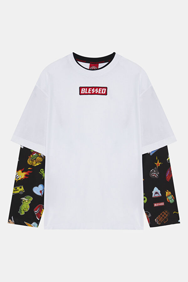 Relax Kalıp Beyaz Bisiklet Yaka Baskılı T-Shirt
