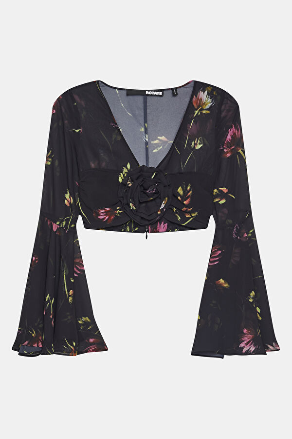 Black Floral Pattern V Neck Blouse
