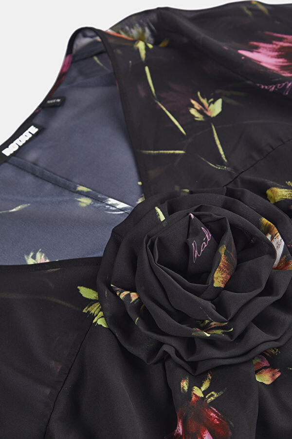 Black Floral Pattern V Neck Blouse 2