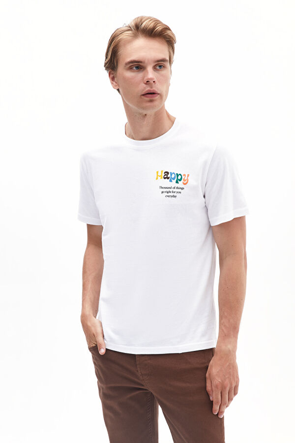 Beyaz Bisiklet Yaka Baskılı T-Shirt