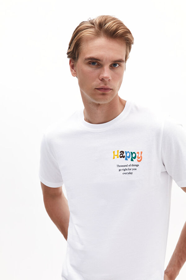 Beyaz Bisiklet Yaka Baskılı T-Shirt 2