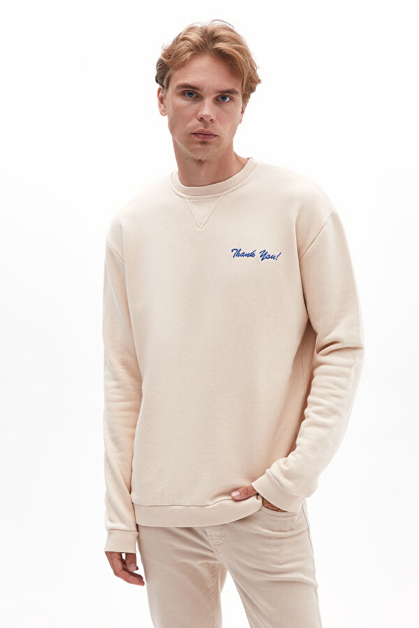 Bej Bisiklet Yaka Erkek Sweatshirt