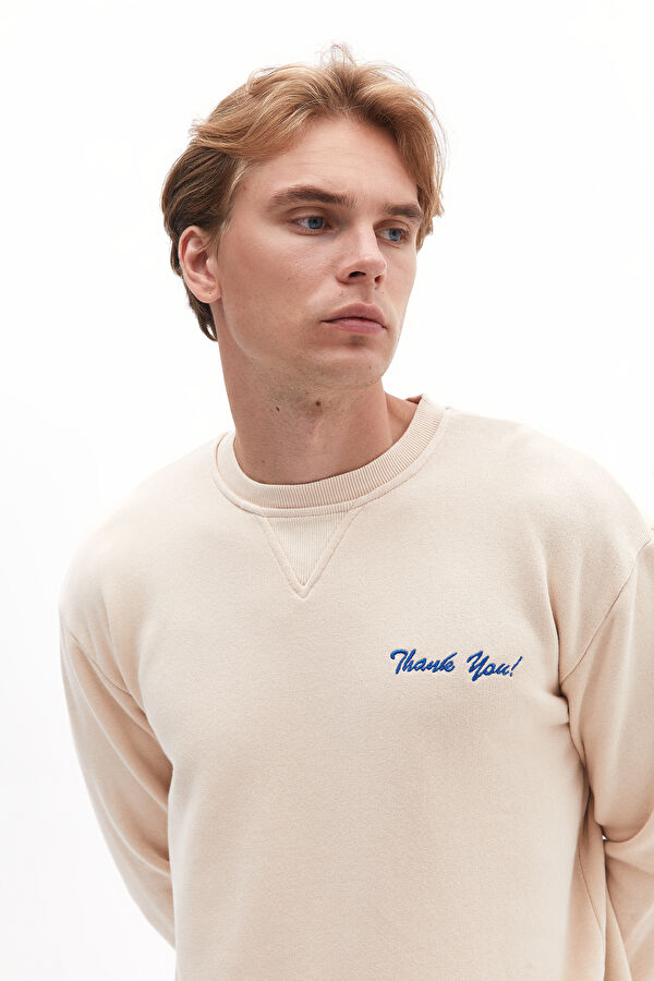 Bej Bisiklet Yaka Erkek Sweatshirt 2