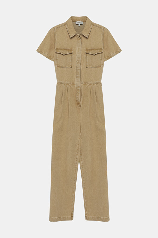 Camel Buttoned Denim Women's Jumpsuit