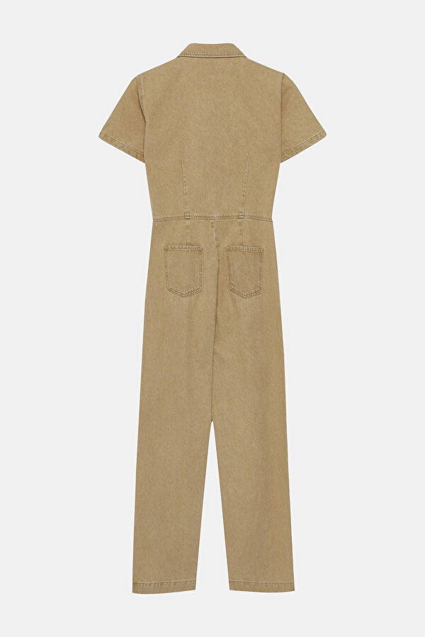 Camel Buttoned Denim Women's Jumpsuit 2
